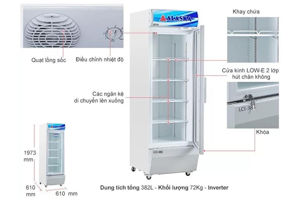 Thông số kỹ thuật và tính năng chi tiết của tủ mát Alasaka LCI-385 Inverter dung tích 382 lít chính hãng